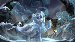 Size: 3840x2160 | Tagged: safe, artist:jedayskayvoker, derpibooru import, oc, oc only, pony, unicorn, windigo, clothes, commission, detailed background, high res, horn, jewelry, open mouth, snow, unicorn oc