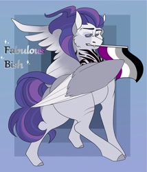 Size: 2302x2693 | Tagged: safe, artist:inisealga, derpibooru import, oc, oc only, oc:dreadbolt, pegasus, pony, abstract background, asexual, asexual pride flag, butt, commission, dock, male, mouth hold, pegasus oc, plot, pride, pride flag, scar, solo, spread wings, stallion, tail, tattoo, wings, your character here