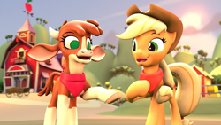 Size: 1920x1080 | Tagged: safe, artist:pika-robo, derpibooru import, applejack, arizona cow, cow, earth pony, pony, them's fightin' herds, 1920x1080, 3d, accessories, barn, clothes, cloven hooves, community related, crossover, duo, female, fence, imminent fight, neckerchief, raised hoof, raised leg, revamped ponies, scarf, source filmmaker, sweet apple acres