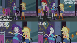 Size: 1280x720 | Tagged: safe, derpibooru import, edit, edited screencap, editor:quoterific, screencap, applejack, rarity, equestria girls, equestria girls series, street chic, spoiler:eqg series (season 2), applejack's hat, bare shoulders, boots, bracelet, clothes, cold, cowboy boots, cowboy hat, denim, denim skirt, duo, duo female, eyes closed, female, geode of shielding, geode of super strength, hairpin, hat, high heels, jewelry, magical geodes, male, open mouth, open smile, rarity peplum dress, shoes, skirt, sleeveless, smiling, text