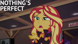 Size: 1280x720 | Tagged: safe, derpibooru import, edit, edited screencap, editor:quoterific, screencap, sunset shimmer, equestria girls, equestria girls series, sunset's backstage pass!, spoiler:eqg series (season 2), clothes, female, jacket, music festival outfit, open mouth, solo, text