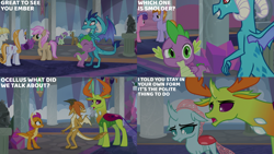 Size: 1280x720 | Tagged: safe, derpibooru import, edit, edited screencap, editor:quoterific, screencap, ocellus, princess ember, smolder, spike, thorax, changedling, changeling, dragon, earth pony, pony, unicorn, school daze, season 8, spoiler:s08, ^^, eyes closed, female, grin, hug, king thorax, male, mare, open mouth, open smile, school of friendship, smiling, stallion, text