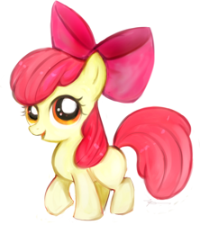 Size: 500x564 | Tagged: safe, artist:laalaachii, derpibooru import, apple bloom, earth pony, pony, female, filly, foal, happy, looking at you, simple background, solo, transparent background