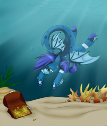 Size: 1700x2000 | Tagged: safe, artist:ohhoneybee, derpibooru import, oc, oc only, hybrid, merpony, original species, pony, shark, shark pony, blue eyes, blue mane, commission, coral, crepuscular rays, fins, fish tail, gold, jewelry, necklace, ocean, seaweed, solo, spread wings, sunlight, swimming, tail, treasure chest, underwater, water, wings