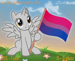 Size: 600x486 | Tagged: safe, artist:kichimina, derpibooru import, pony, animated, animated ych, colored, commission, female, flower, full body, gif, hooves, horn, looking at you, mare, open ych, pride, pride flag, pride month, show accurate, smiling, smiling at you, solo, spread wings, vector, wings, ych animation, your character here