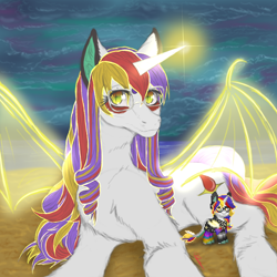 Size: 3000x3000 | Tagged: safe, derpibooru import, oc, pony, bat wings, beach, cloud, curly hair, ear fluff, ears, female, glasses, horn, long hair, mare, multicolored hair, night, ocean, pony town, sitting, smiling, solo, transformation, water, wings