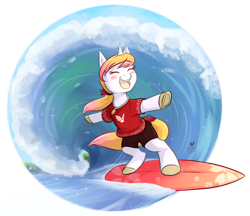 Size: 1280x1108 | Tagged: safe, artist:foxhatart, derpibooru import, oc, oc only, pony, unicorn, bipedal, clothes, eyes closed, happy, open mouth, open smile, ponytail, shirt, shorts, smiling, solo, surfboard, surfing, t-shirt, water, wave