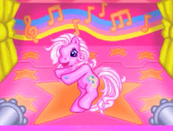 Size: 339x257 | Tagged: safe, derpibooru import, pinkie pie (g3), earth pony, pony, g3, bipedal, curtains, dancing, female, game, mare, music notes, pinkie pie's party, rainbow, smiling, spotlight, stars, youtube link