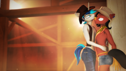 Size: 3840x2160 | Tagged: safe, artist:willitfit, derpibooru import, part of a set, shining armor, oc, oc:benjamin terrance tover, anthro, 3d, against wall, bandana, bedroom eyes, booty shorts, clothes, cowboy hat, femboy, hat, holding, male, panties, thong, underwear