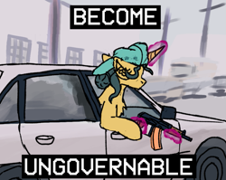 Size: 843x672 | Tagged: safe, artist:reddthebat, derpibooru import, fresh coat, pony, unicorn, ak, ak-74, aks-74u, anarchist, assault rifle, become ungovernable, car, female, magic, mare, meme, ponified, ponified meme, rifle, solo, telekinesis, weapon