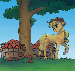 Size: 900x854 | Tagged: safe, artist:adeptus-monitus, derpibooru import, applejack, earth pony, pony, apple, apple basket, food, raised hoof, raised leg, solo, tree