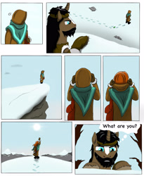 Size: 3000x3651 | Tagged: safe, artist:cactuscowboydan, derpibooru import, oc, human, unicorn, cliff, comic, hood, mountain, mountain range, snow, story included, sun