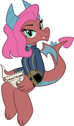 Size: 1962x3364 | Tagged: safe, artist:ponygamer2020, derpibooru import, idw, mina, dragon, fallout equestria, friends forever, spoiler:comic, spoiler:comicff14, bedroom eyes, book, claws, clothes, dragon wings, dragoness, fallout, fallout 3, fangs, female, horns, idw showified, jumpsuit, looking at you, pipboy, simple background, smiling, smiling at you, solo, transparent background, vault suit, vector, wasteland survival guide, wings