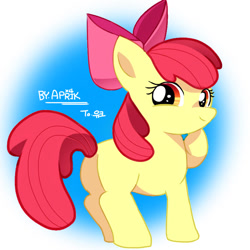 Size: 800x800 | Tagged: safe, artist:apppprik, derpibooru import, apple bloom, earth pony, pony, blank flank, butt, female, filly, foal, hoof on chin, plot, smiling, solo