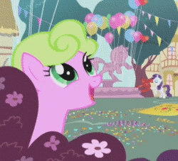 Size: 250x227 | Tagged: safe, rarity, earth pony, unicorn, animated, female, flower, gif, looking up, mare, smiling, tree