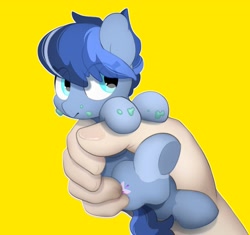 Size: 2289x2150 | Tagged: safe, artist:mochi_nation, derpibooru import, oc, oc:galaxy, earth pony, human, pony, cute, disembodied hand, earth pony oc, eye clipping through hair, female, food, hand, holding a pony, ice cream, in goliath's palm, mare, ocbetes, offscreen character, simple background, size difference, solo focus, underhoof, yellow background