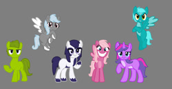 Size: 1104x570 | Tagged: safe, artist:littlesnowyowl, derpibooru import, earth pony, pegasus, pony, unicorn, crossover, female, flying, gray background, horn, littlest pet shop, male, mare, minka mark, penny ling, pepper clark, ponified, simple background, smiling, spread wings, stallion, sunil nevla, vinnie terrio, wings, zoe trent