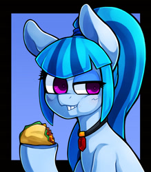 Size: 1543x1763 | Tagged: safe, artist:kyouman1010, derpibooru import, sonata dusk, earth pony, pony, black background, eating, female, food, gem, jewelry, mare, necklace, ponified, raised hoof, raised leg, simple background, siren gem, solo, taco