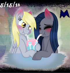 Size: 628x648 | Tagged: safe, artist:rosediamond505, derpibooru import, derpy hooves, oc, oc:minkie pie, earth pony, pegasus, pony, blushing, bubble, derp, duo, eyes closed, female, mare, sharing a drink, soda, wings