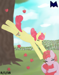 Size: 720x912 | Tagged: safe, artist:rosediamond505, derpibooru import, apple bloom, oc, oc:apple flame, dracony, earth pony, hybrid, pony, apple, applebucking, cloud, duo, eating, eyes closed, fangs, female, filly, foal, food, hug, interspecies offspring, looking at you, mare, missing accessory, offspring, older, parent:apple bloom, parent:spike, parents:spikebloom, sitting, sky, smiling, smiling at you, sweet apple acres, tree