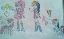 Size: 1024x632 | Tagged: safe, artist:princessastro, derpibooru import, pinkie pie, rainbow dash, earth pony, pegasus, pony, equestria girls, boots, clothes, female, human ponidox, mare, pencil drawing, raised hoof, raised leg, self paradox, self ponidox, shirt, shoes, skirt, smiling, traditional art