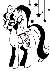 Size: 1080x1527 | Tagged: safe, artist:stacy_165cut, derpibooru import, oc, oc only, pegasus, pony, black and white, bow, female, folded wings, grayscale, hair bow, mare, monochrome, simple background, solo, stars, white background, wings