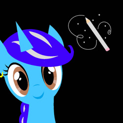 Size: 894x894 | Tagged: safe, artist:princessastro, derpibooru import, oc, oc only, oc:princess astro, pony, unicorn, black background, bust, ear piercing, earring, female, horn, jewelry, mare, pencil, piercing, simple background, smiling, sparkles