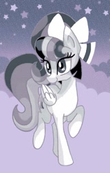 Size: 576x900 | Tagged: safe, artist:stacy_165cut, derpibooru import, oc, oc only, pegasus, pony, bow, cloud, female, folded wings, hair bow, mare, monochrome, raised hoof, raised leg, solo, stars, wings