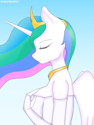 Size: 1440x1920 | Tagged: safe, artist:sforcetheartist, derpibooru import, princess celestia, alicorn, anthro, breasts, eyes closed, female, princess breastia, profile, solo