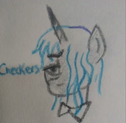 Size: 2048x1990 | Tagged: safe, artist:pony quarantine, derpibooru import, oc, oc:checkers, pony, unicorn, ask pony crayontine, bowtie, bust, crayon drawing, hair over one eye, solo, traditional art