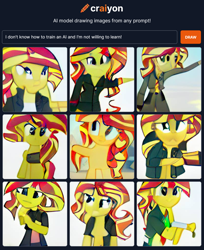 Size: 1144x1399 | Tagged: safe, derpibooru import, machine learning generated, sunset shimmer, human, pony, equestria girls, dall·e mini, exploitable meme, image macro, meme, sunset is not willing to learn