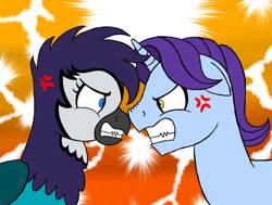 Size: 1280x966 | Tagged: safe, artist:gregory-the-griffon, derpibooru import, november rain, oc, griffon, unicorn, angry, cross-popping veins, friendship student, griffon oc, gritted teeth, looking at each other, looking at someone, nose to nose, nose wrinkle, teeth