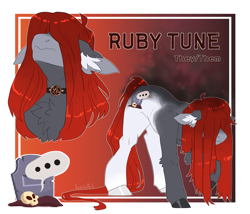 Size: 3500x3000 | Tagged: safe, artist:jeshh, derpibooru import, oc, oc:ruby tune, earth pony, pony, ..., ambiguous gender, chest fluff, choker, cutie mark, ear fluff, ears, gravestone, hair over eyes, red hair, reference sheet, skull, solo, tail, text