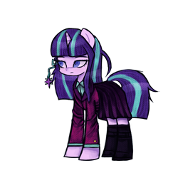 Size: 1200x1200 | Tagged: safe, artist:menalia, derpibooru import, starlight glimmer, pony, unicorn, alternate hairstyle, clothes, danganronpa, horn, looking at something, simple background, skirt, solo, white background