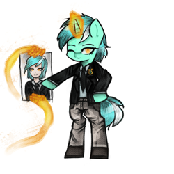 Size: 1200x1200 | Tagged: safe, artist:menalia, derpibooru import, lyra heartstrings, human, pony, unicorn, bipedal, clothes, danganronpa, denim, hand, horn, humanized, jeans, looking at you, magic, magic hands, necktie, one eye closed, pants, shirt, shoes, simple background, solo, suit, that pony sure does love humans, white background