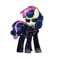 Size: 1200x1200 | Tagged: safe, artist:menalia, derpibooru import, bon bon, sweetie drops, earth pony, pony, agent, alternate hairstyle, clothes, danganronpa, gloves, looking at something, necktie, pants, shoes, simple background, solo, suit, sunglasses, white background