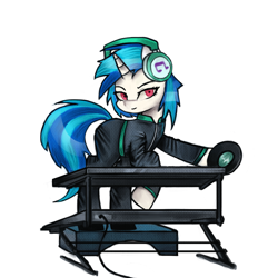 Size: 1200x1200 | Tagged: safe, artist:menalia, derpibooru import, dj pon-3, vinyl scratch, pony, unicorn, alternate hairstyle, clothes, danganronpa, headphones, horn, jacket, looking at something, looking at you, pants, shoes, simple background, solo, white background