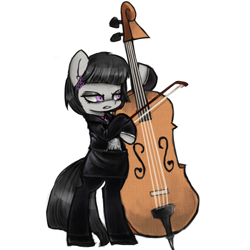 Size: 1200x1200 | Tagged: safe, artist:menalia, derpibooru import, octavia melody, earth pony, pony, alternate hairstyle, angry, bipedal, cello, clothes, danganronpa, looking at something, musical instrument, simple background, skirt, solo, suit, white background