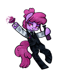 Size: 1200x1200 | Tagged: safe, artist:menalia, derpibooru import, berry punch, berryshine, earth pony, pony, alternate hairstyle, bipedal, bottle, clothes, danganronpa, looking at you, shirt, shoes, simple background, solo, suit, vest, white background, wine bottle