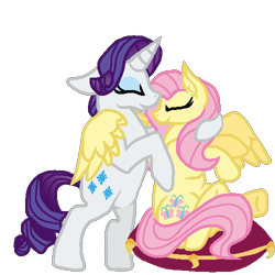 Size: 500x500 | Tagged: safe, artist:littlesnowyowl, derpibooru import, fluttershy, rarity, pegasus, pony, unicorn, bipedal, duo, eyes closed, eyeshadow, female, flarity, horn, hug, lesbian, makeup, mare, pillow, shipping, simple background, sitting, smiling, spread wings, transparent background, winghug, wings