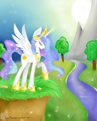 Size: 1600x2000 | Tagged: safe, artist:katemaximova, derpibooru import, princess celestia, alicorn, pony, female, glowing, glowing horn, horn, jewelry, magic, mare, outdoors, raised hoof, raised leg, regalia, river, solo, spread wings, tree, water, wings