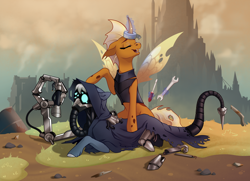 Size: 3176x2300 | Tagged: safe, artist:28gooddays, derpibooru import, oc, oc only, oc:dawn strike, oc:gear works, changeling, cyborg, earth pony, pony, amputee, augmented, broken, changeling oc, crossover, crying, cyborg pony, damaged, dark mechanicus, duct tape, duo, earth pony oc, hive city, injured, magic, mask, prosthetic leg, prosthetic limb, prosthetics, respirator, robotic arm, screwdriver, servo arm, tape, techpriest, telekinesis, this will end in tears, warhammer (game), warhammer 40k, wrench, yellow changeling