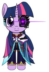 Size: 1298x1920 | Tagged: safe, artist:questionmarkdragon, derpibooru import, twilight sparkle, unicorn twilight, pony, unicorn, amputee, clothes, eyelashes, female, glowing, glowing eyes, mare, prosthetic eye, prosthetics, simple background, smiling, solo, story included, transparent background