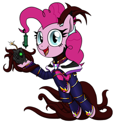 Size: 2060x2200 | Tagged: safe, artist:questionmarkdragon, derpibooru import, pinkie pie, earth pony, pony, bomb, clothes, eyelashes, female, mare, simple background, solo, story included, transparent background, weapon