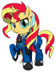 Size: 1524x1952 | Tagged: safe, artist:questionmarkdragon, derpibooru import, sunset shimmer, pony, unicorn, clothes, ear piercing, eyelashes, female, mare, piercing, raised hoof, raised leg, simple background, solo, story included, transparent background