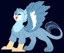 Size: 1626x1344 | Tagged: safe, artist:purplegrim40, derpibooru import, oc, oc only, griffon, hybrid, black background, dark background, griffon oc, interspecies offspring, magical lesbian spawn, offspring, one eye closed, outline, parent:gabby, parent:rainbow dash, simple background, smiling, white outline, wink