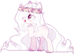 Size: 1920x1412 | Tagged: safe, artist:toffeelavender, derpibooru import, oc, oc only, earth pony, pony, base used, earth pony oc, female, floral head wreath, flower, heart, heart eyes, mare, raised hoof, raised leg, simple background, solo, transparent background, unshorn fetlocks, wingding eyes