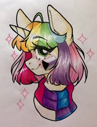 Size: 1568x2048 | Tagged: safe, artist:madkadd, derpibooru import, oc, oc only, pony, unicorn, bust, clothes, eyelashes, female, horn, mare, multicolored hair, rainbow hair, scarf, smiling, solo, traditional art, unicorn oc