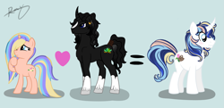 Size: 4181x2019 | Tagged: safe, artist:xcosmicghostx, derpibooru import, oc, oc only, pony, unicorn, blue background, female, heart, horn, male, mare, parents:oc x oc, raised hoof, raised leg, simple background, stallion, unicorn oc, unshorn fetlocks