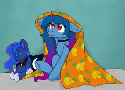 Size: 4040x2928 | Tagged: safe, artist:rokosmith26, derpibooru import, princess luna, oc, oc:tazzee, bat pony, pony, :p, bat pony oc, blanket, cheek fluff, chest fluff, collar, commission, ears, female, floppy ears, food, jewelry, looking up, mare, plushie, pony plushie, sitting, smiling, solo, tongue, tongue out, two toned mane, ych result